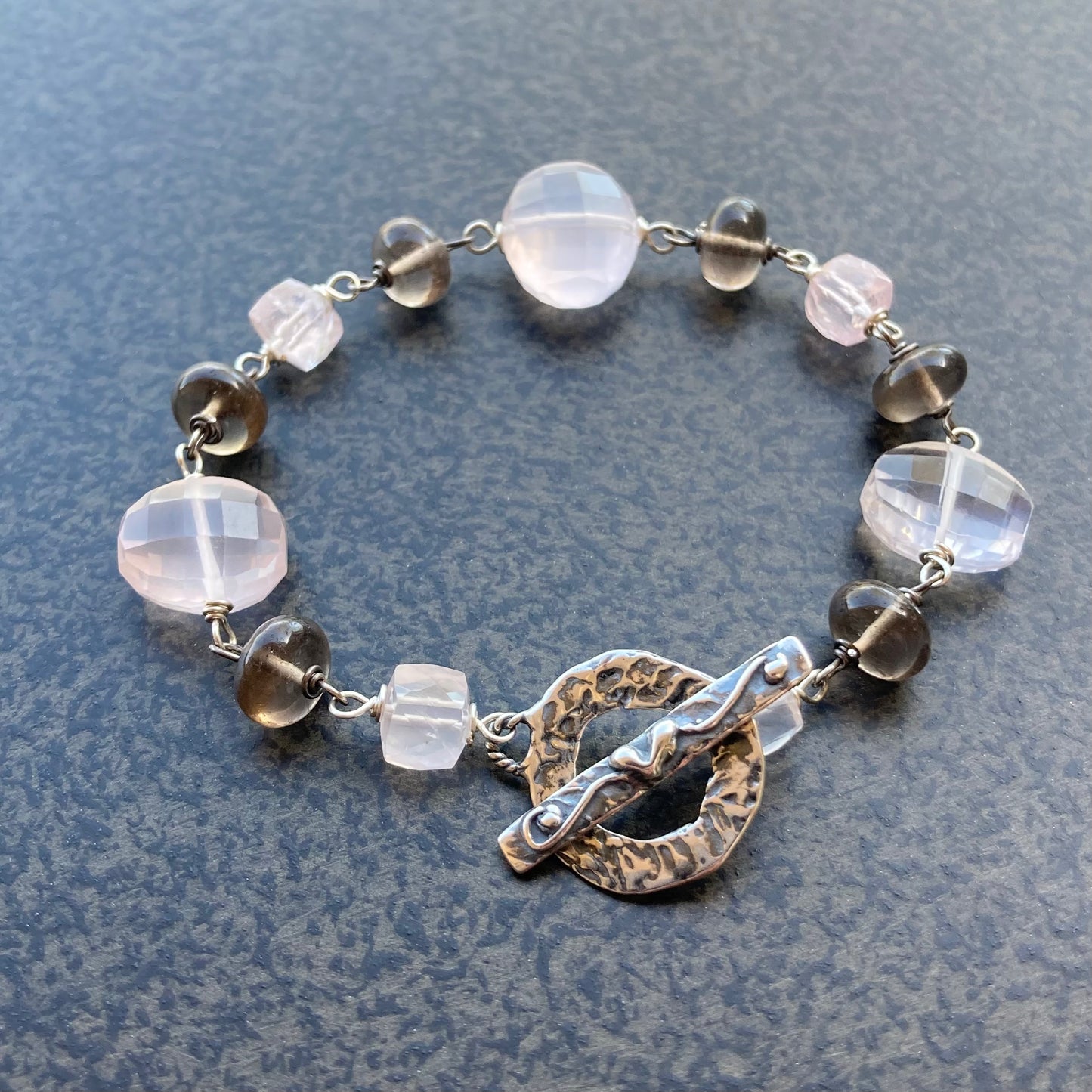 Rose Quartz, Smoky Quartz & Sterling Silver Bracelet