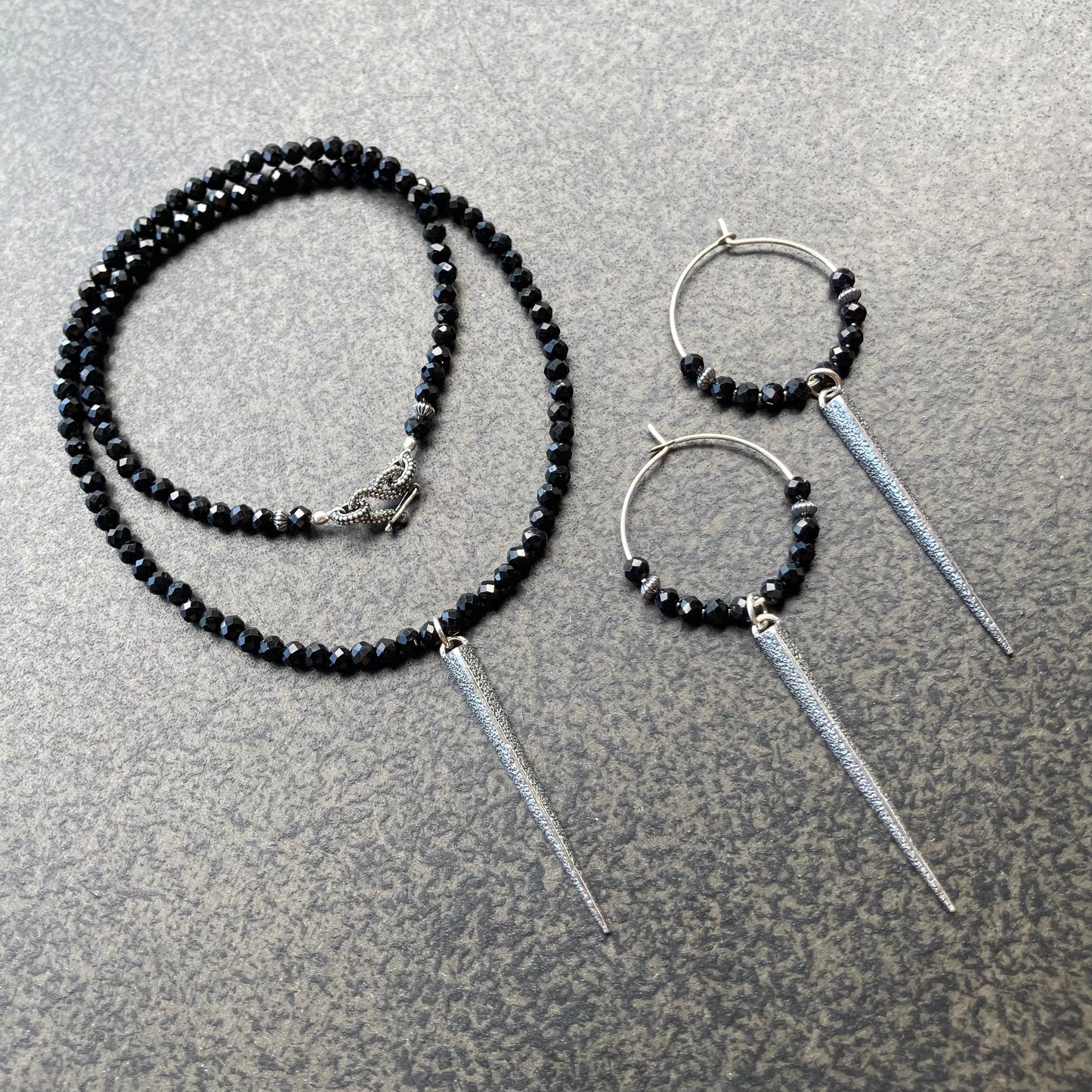 Black Tourmaline & Sterling Silver Spike Hoops