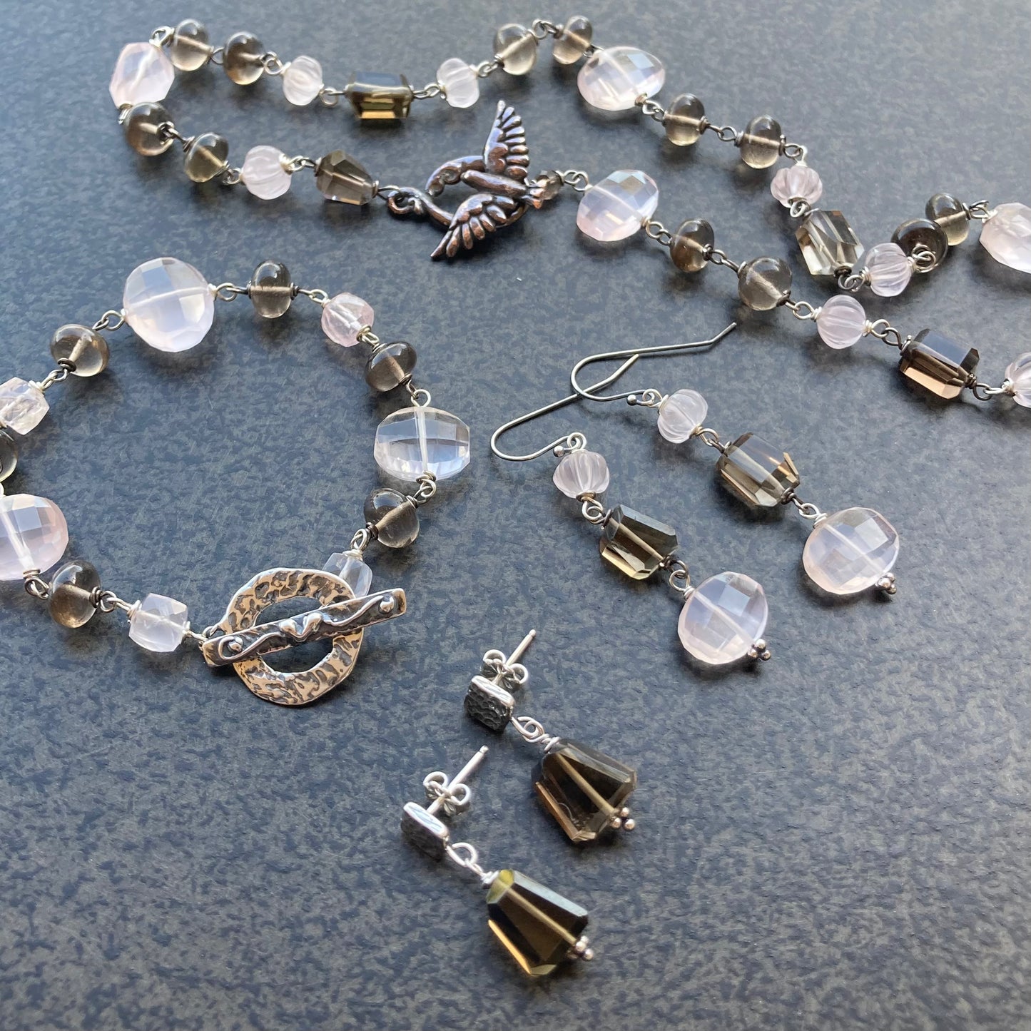 Rose Quartz, Smoky Quartz & Sterling Silver Bracelet