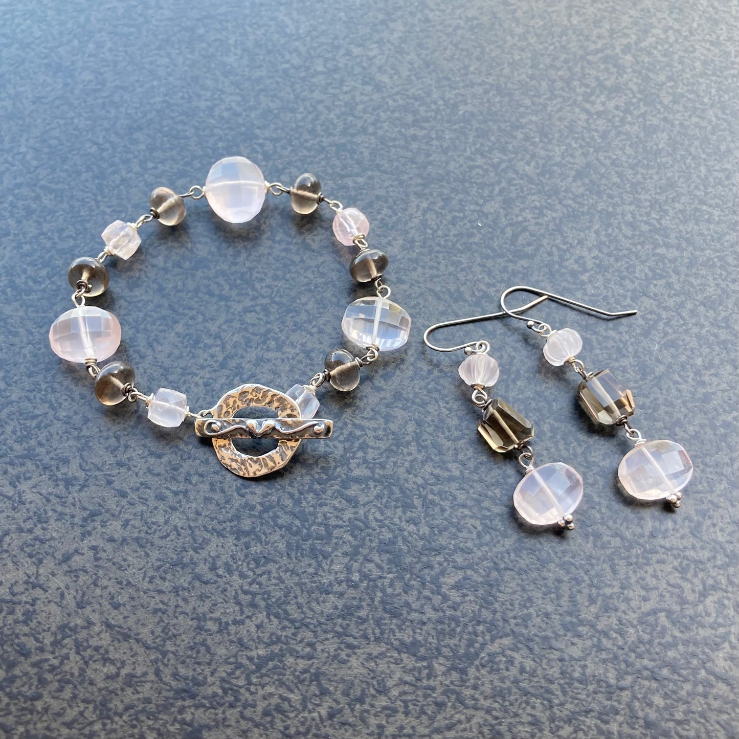 Rose Quartz, Smoky Quartz & Sterling Silver Bracelet