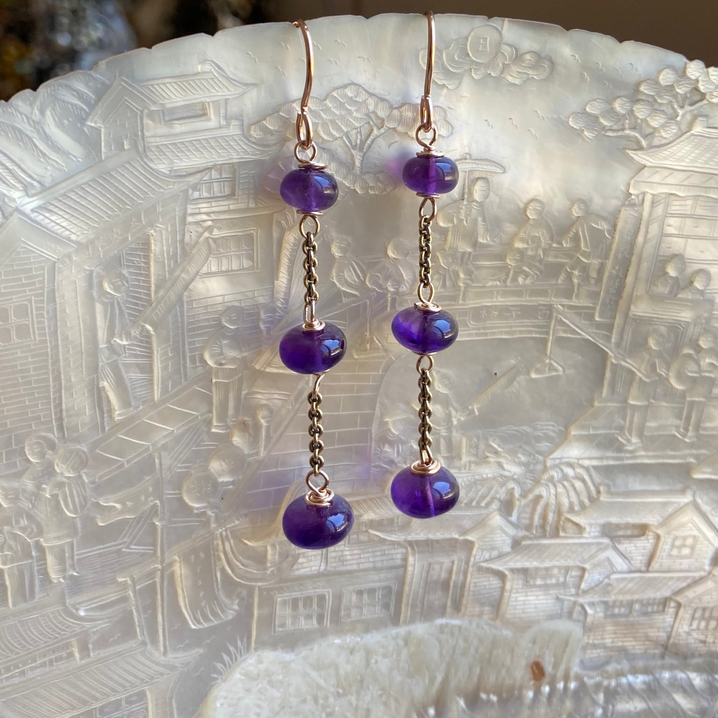 Amethyst & Bronze Vintage Chain Earrings