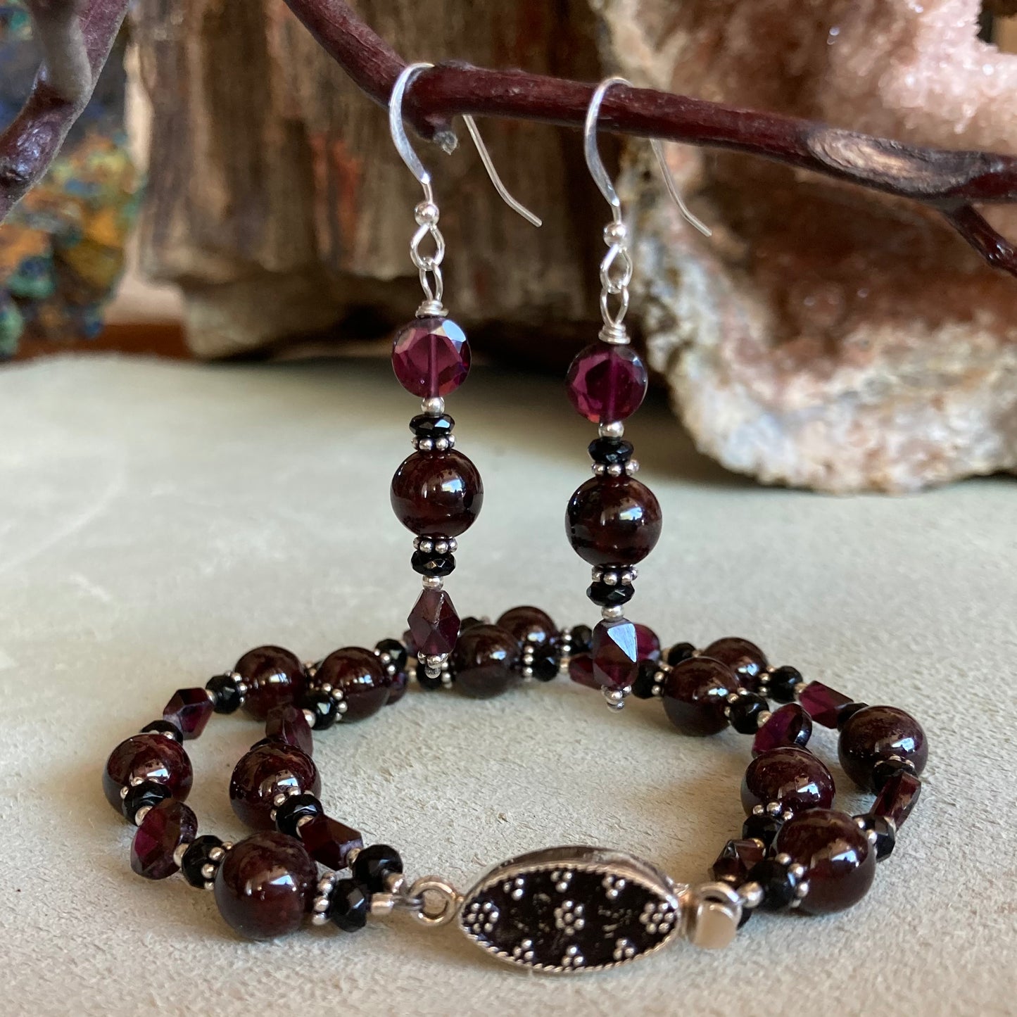 Garnet, Black Onyx & Sterling Silver Bracelet