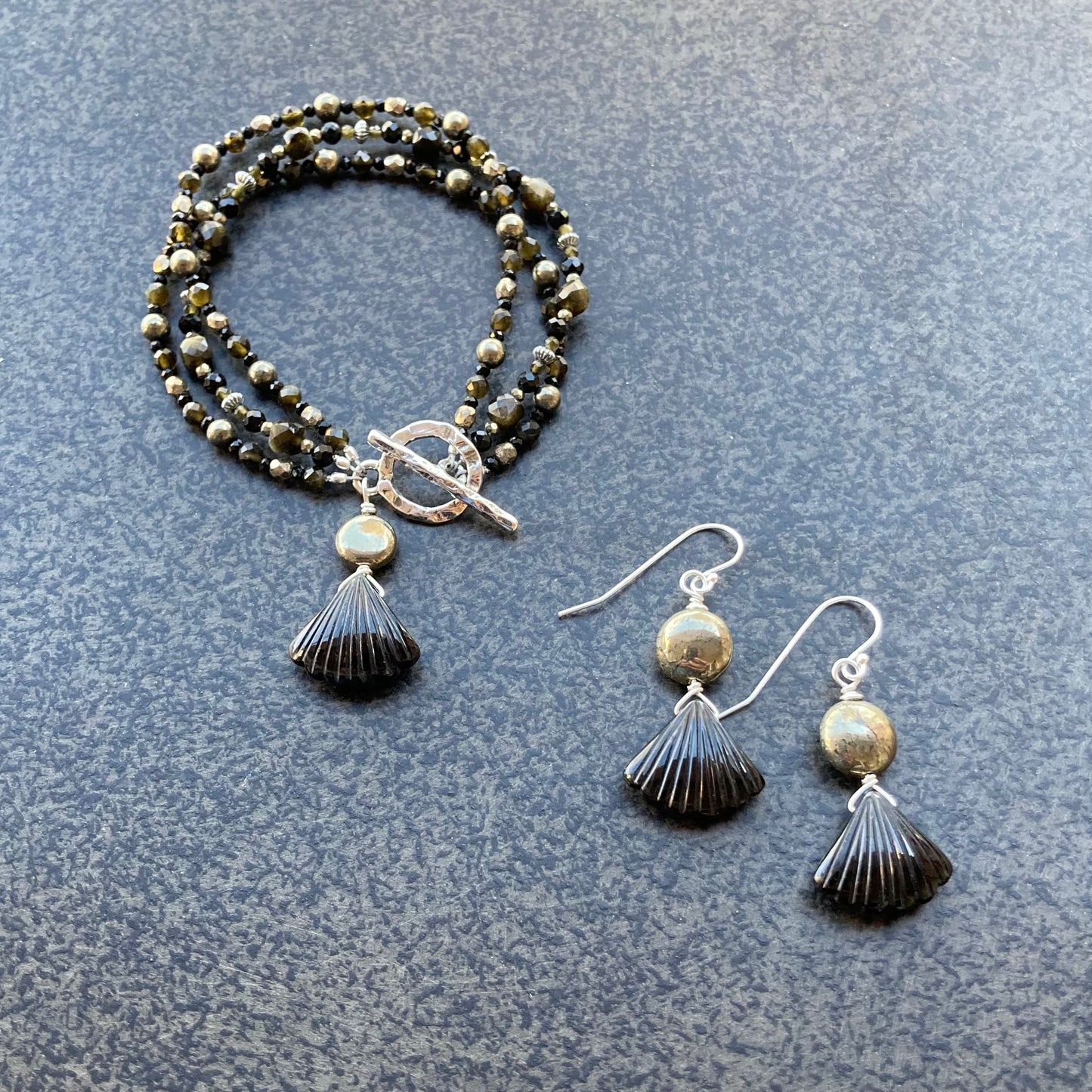 Black Onyx, Pyrite & Sterling Silver Earrings