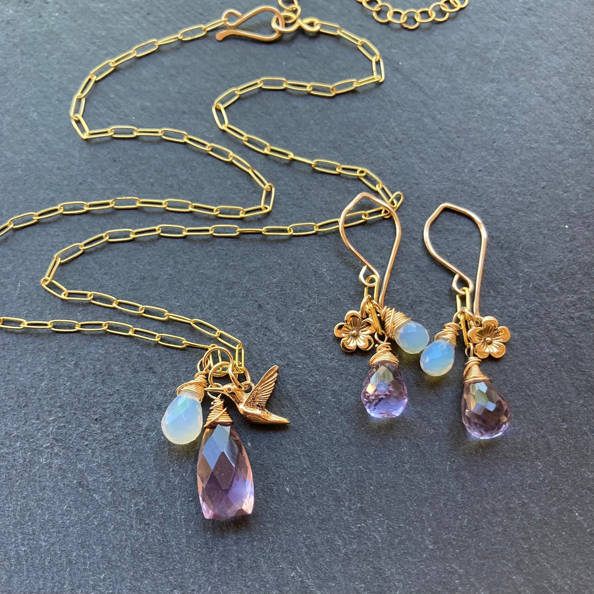 Pink Amethyst, Ethiopian Opal & Gold Cherry Blossom Earrings