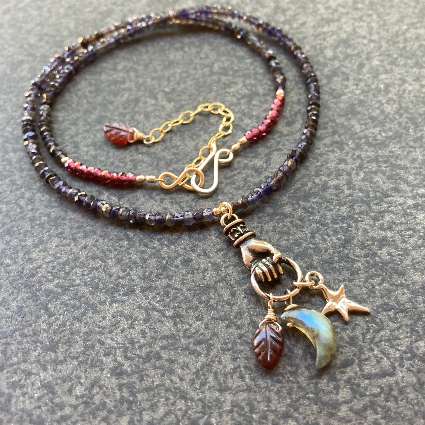 Iolite, Garnet, Gold & Bronze Earth Amulet Charm Choker