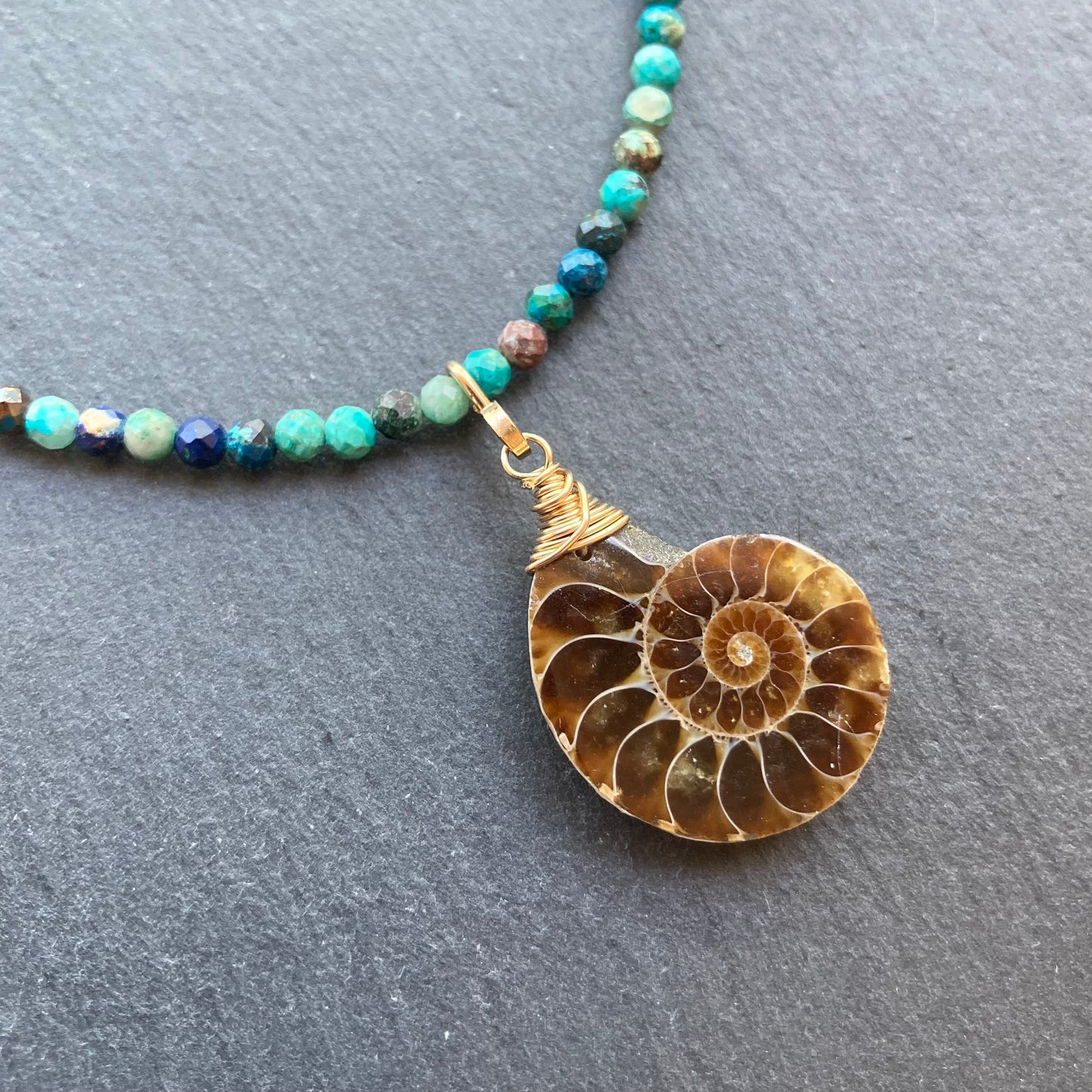 Chrysocolla Azurite & Gold Ammonite Pendant Choker