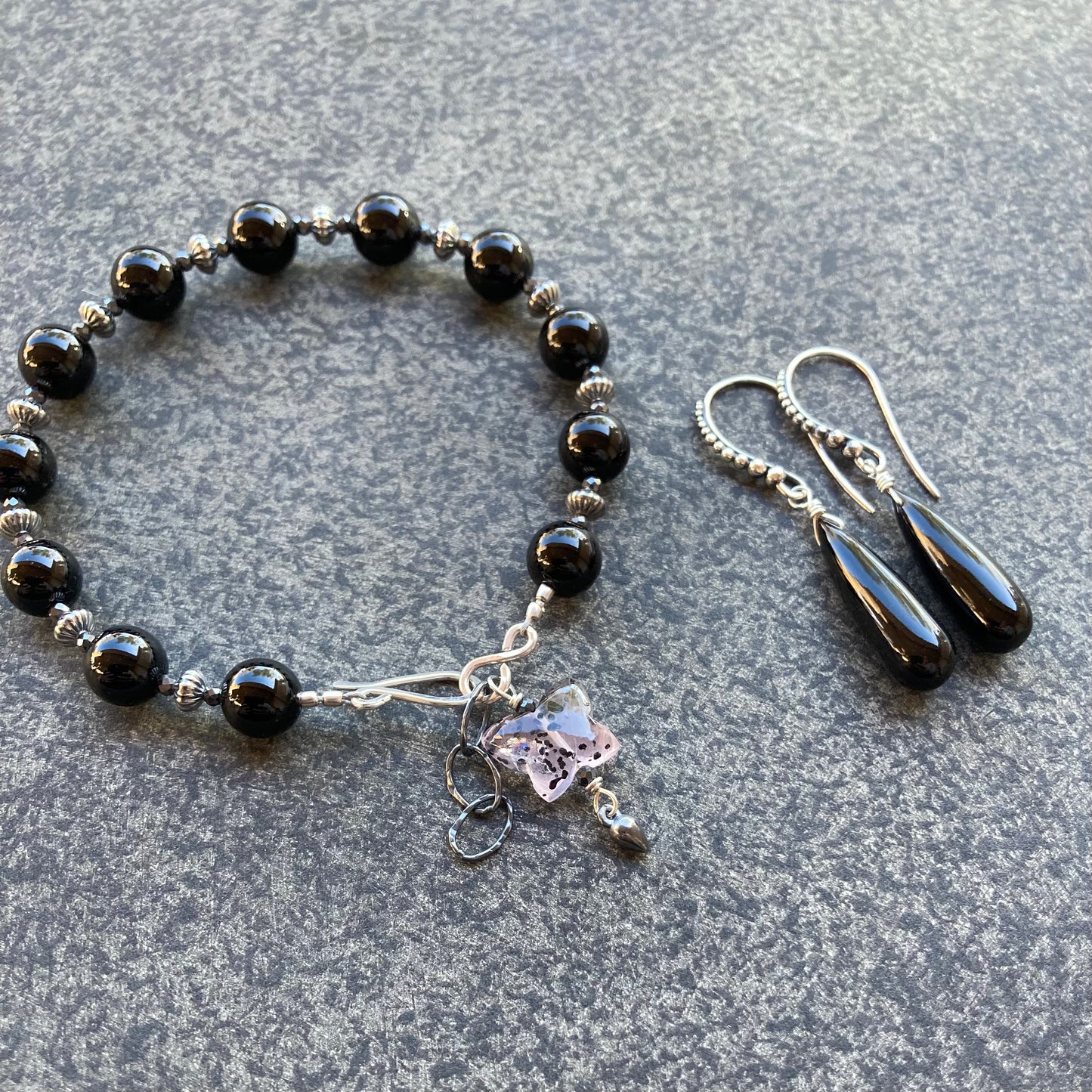 Black Onyx & Rutilated Rose Quartz Butterfly Charm Bracelet