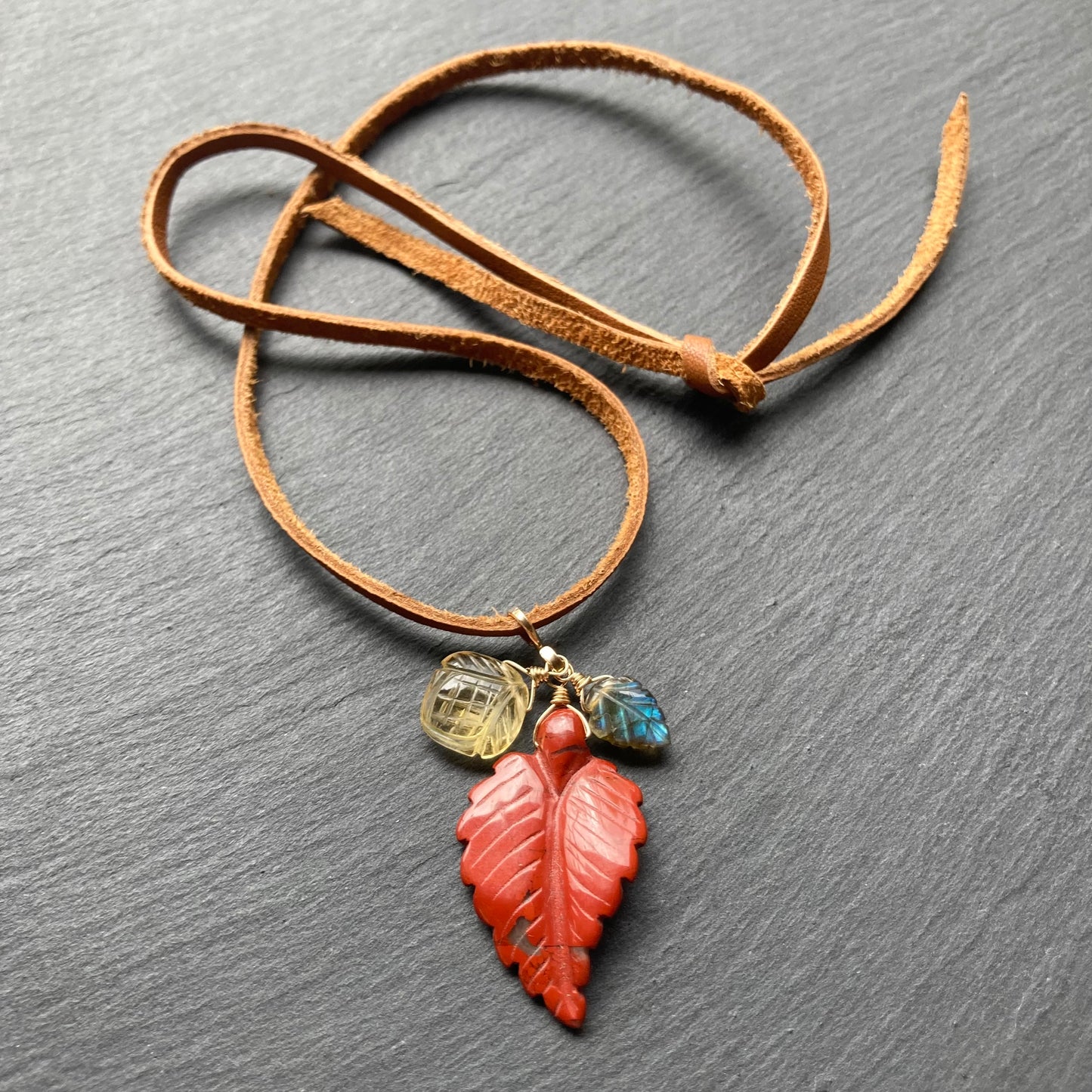 Red Jasper Autumn Leaf Deertan Leather Choker