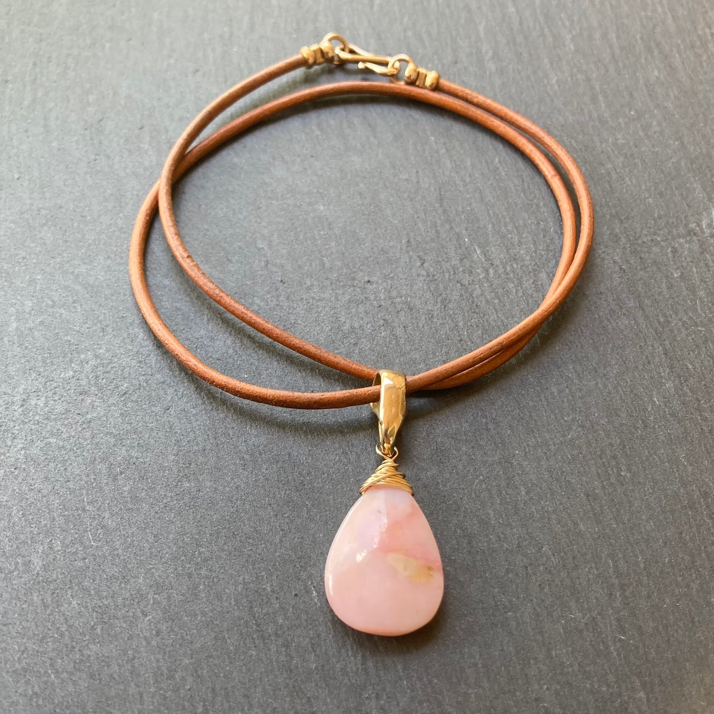 Pink Opal & Bronze Leather Choker