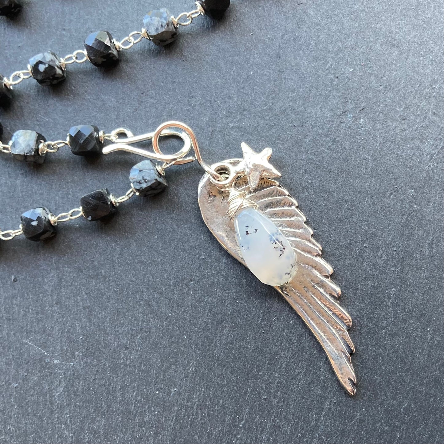 Snowflake Obsidian, Dendritic Opal & Sterling Silver Winged Goddess Necklace