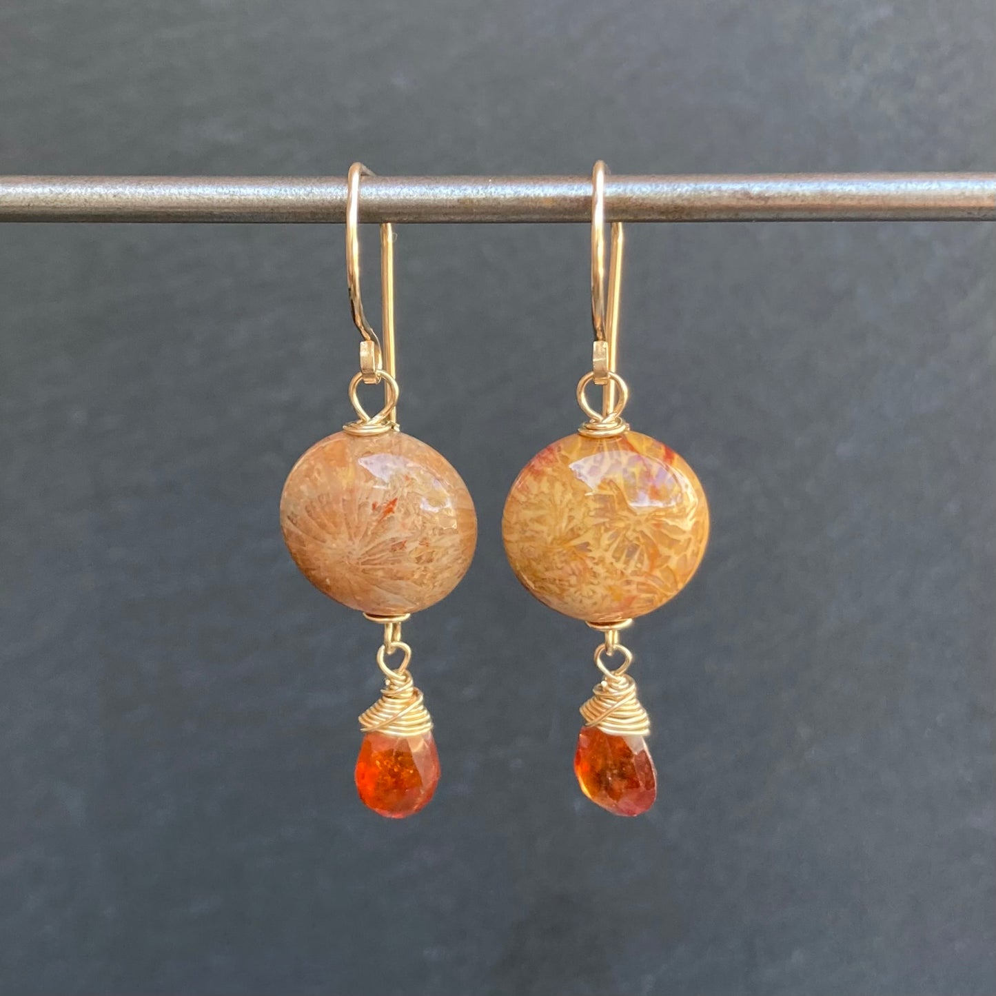 Fossil Coral, Hessonite Garnet & Gold Earrings