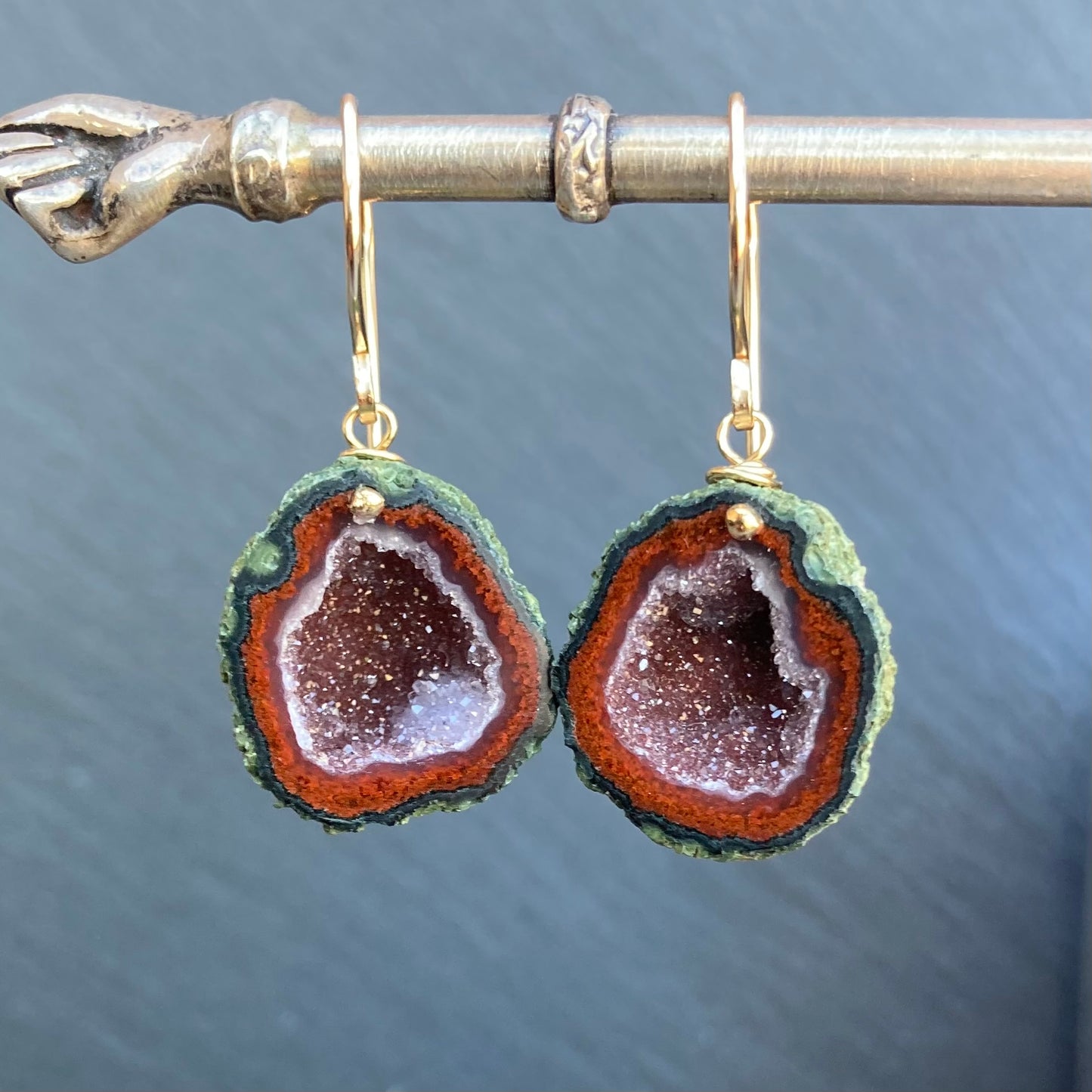 Red Druzy Tabasco Geode & Gold Earrings