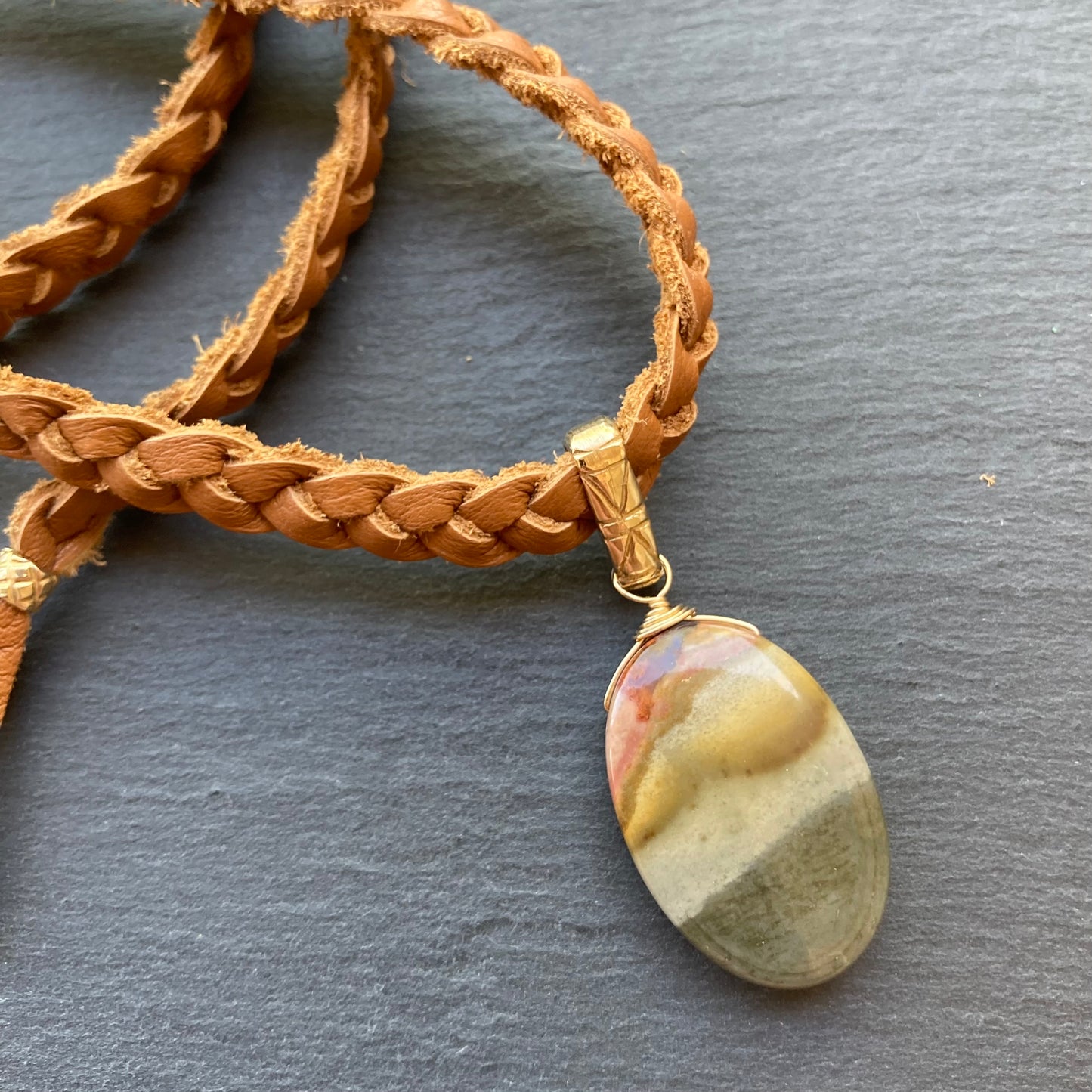 Polychrome Jasper & Bronze Braided Deertan Leather Choker