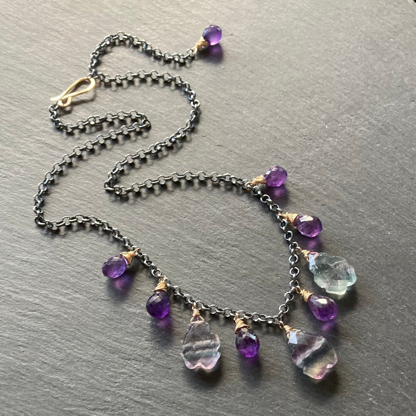 Fluorite, Amethyst & Mixed Metal Charm Choker