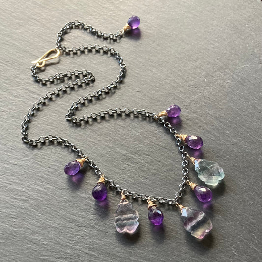 Fluorite, Amethyst & Mixed Metal Charm Choker