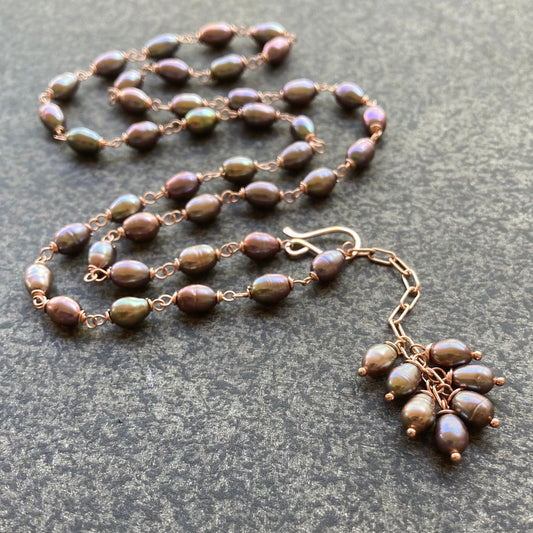 Purple Freshwater Pearl & Rose Gold Lariat Tassel Necklace