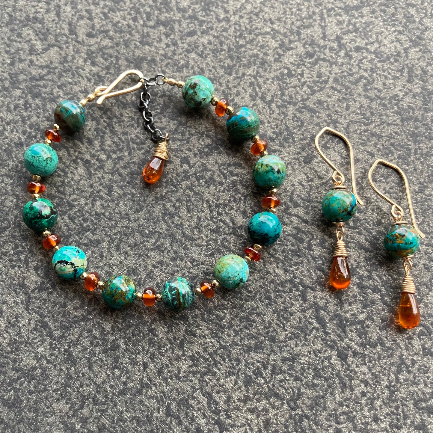 Chrysocolla, Orange Kyanite & Gold Earrings