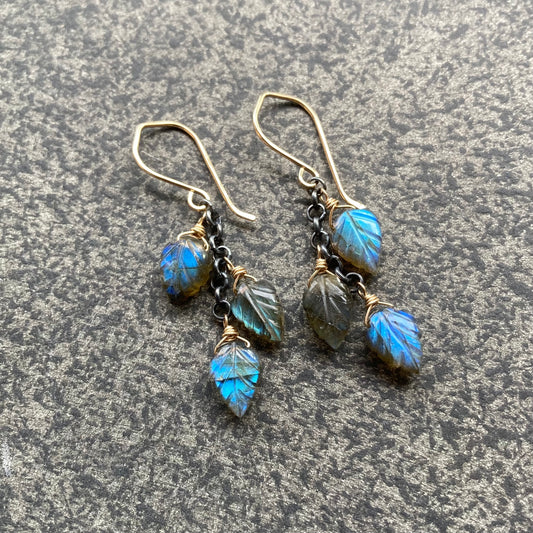 Labradorite Leaf & Mixed Metal Cascade Earrings