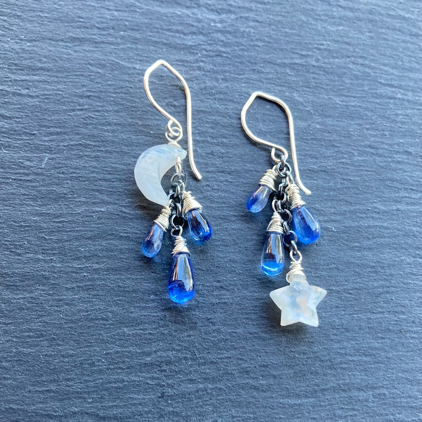 Rainbow Moonstone, Blue Kyanite & Sterling Silver Winter Solstice Earrings