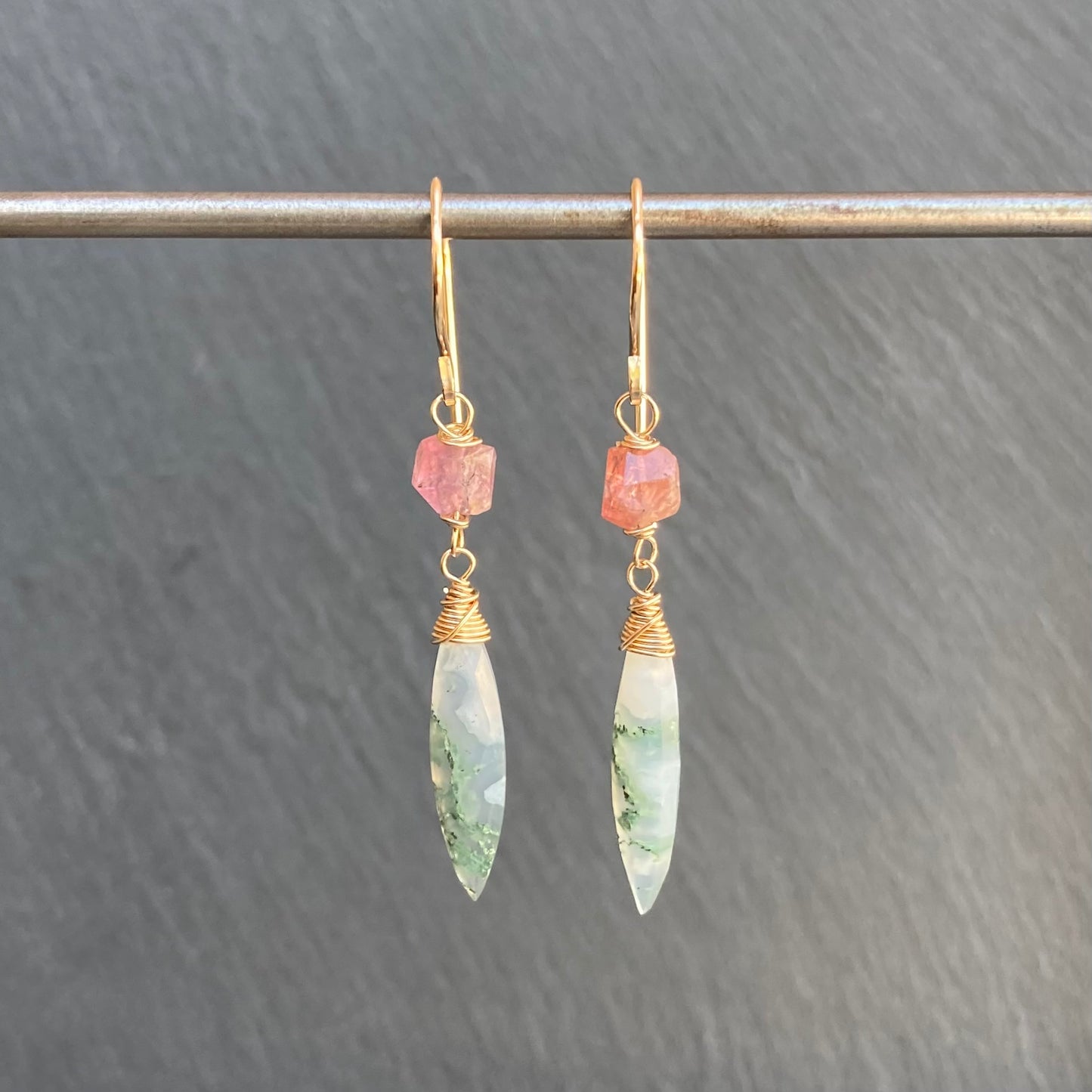 Moss Agate, Pink Tourmaline & Gold Marquis Earrings