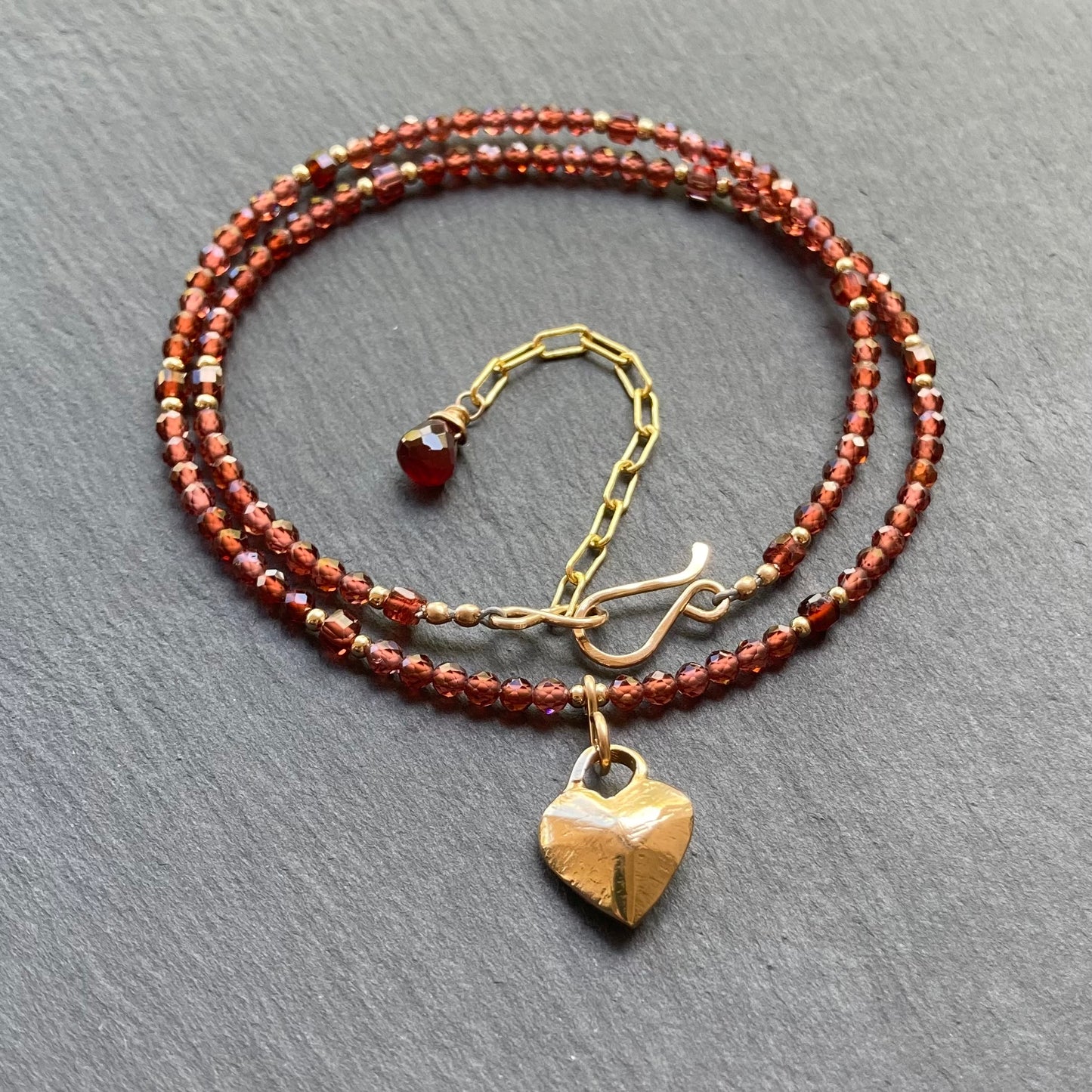 Malaya Garnet, Gold & Bronze Heart Pendant Choker