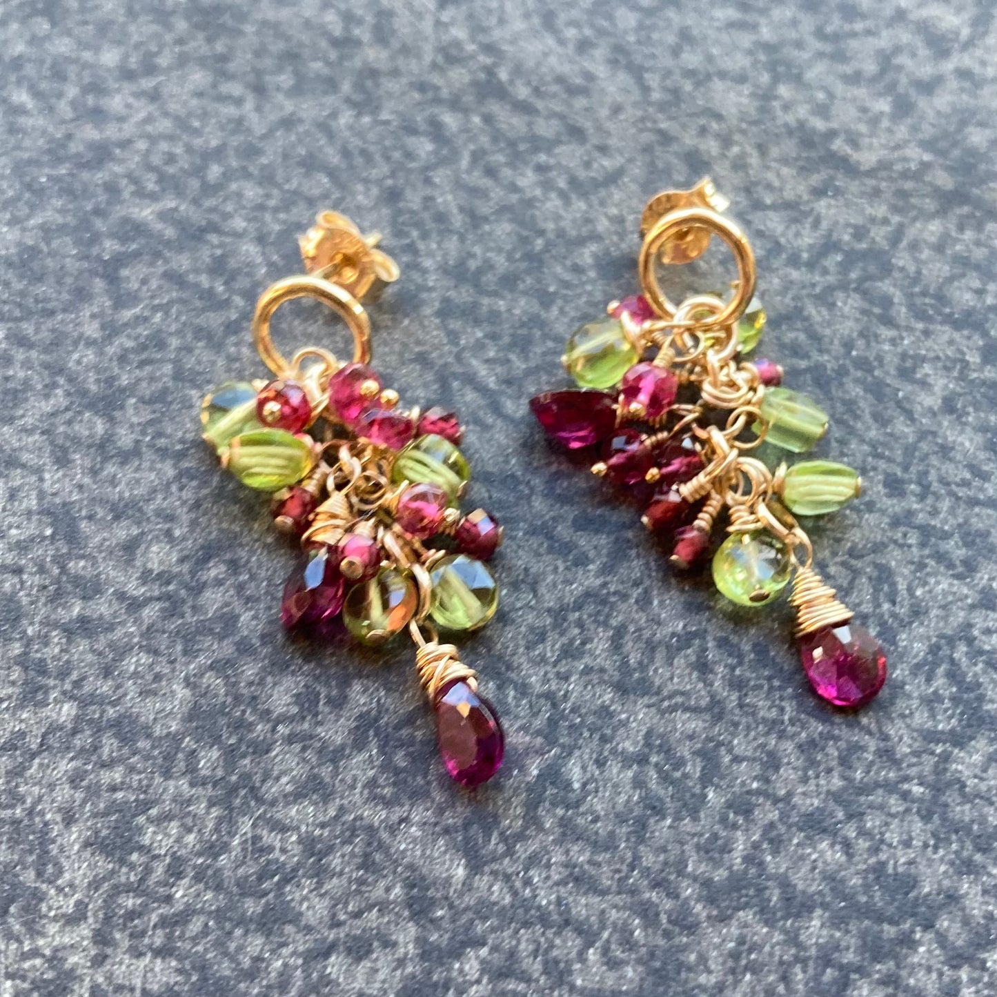 Peridot, Rhodolite, Rubelite & Gold Cascade Studs