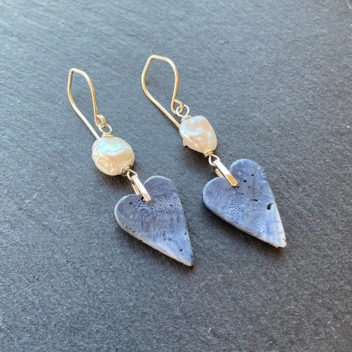 Freshwater Pearl, Sterling Silver & Blue Sponge Coral Heart Earrings