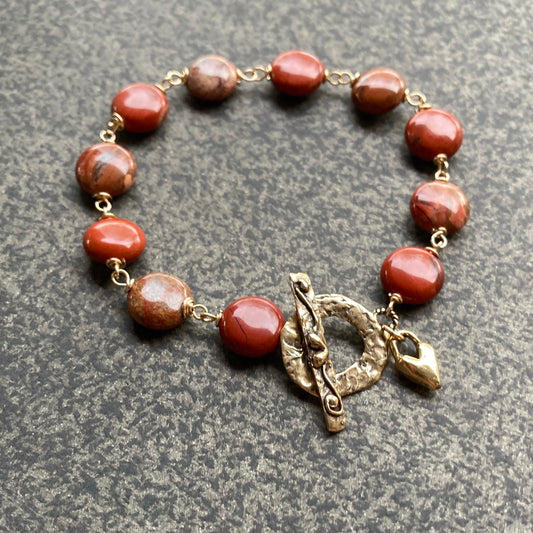 Apple Jasper, Gold & Bronze Heart Toggle Bracelet
