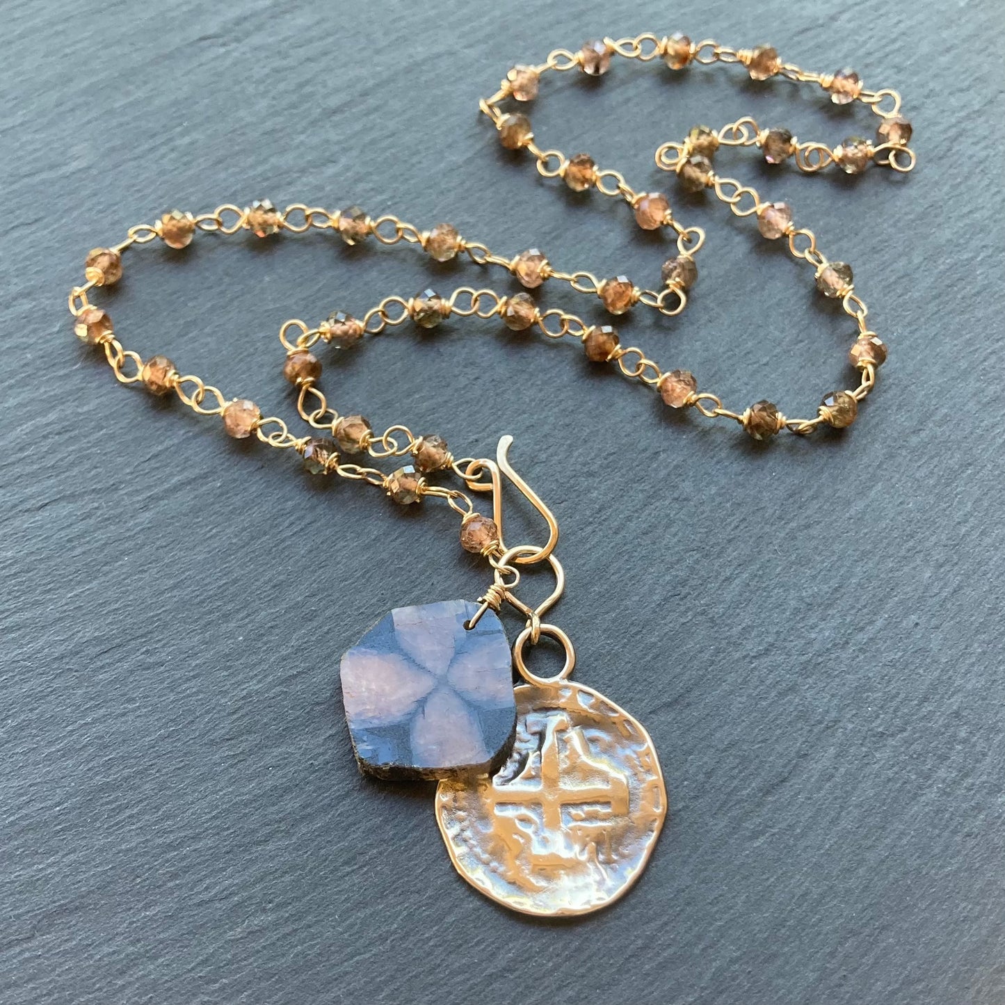 Andalusite, Chiastolite, Gold & Bronze Spanish Coin Necklace