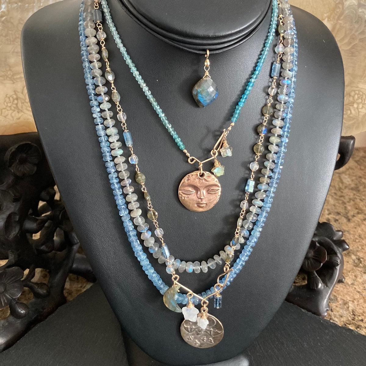 Aqua Apatite & Bronze Full Moon Pendant Choker