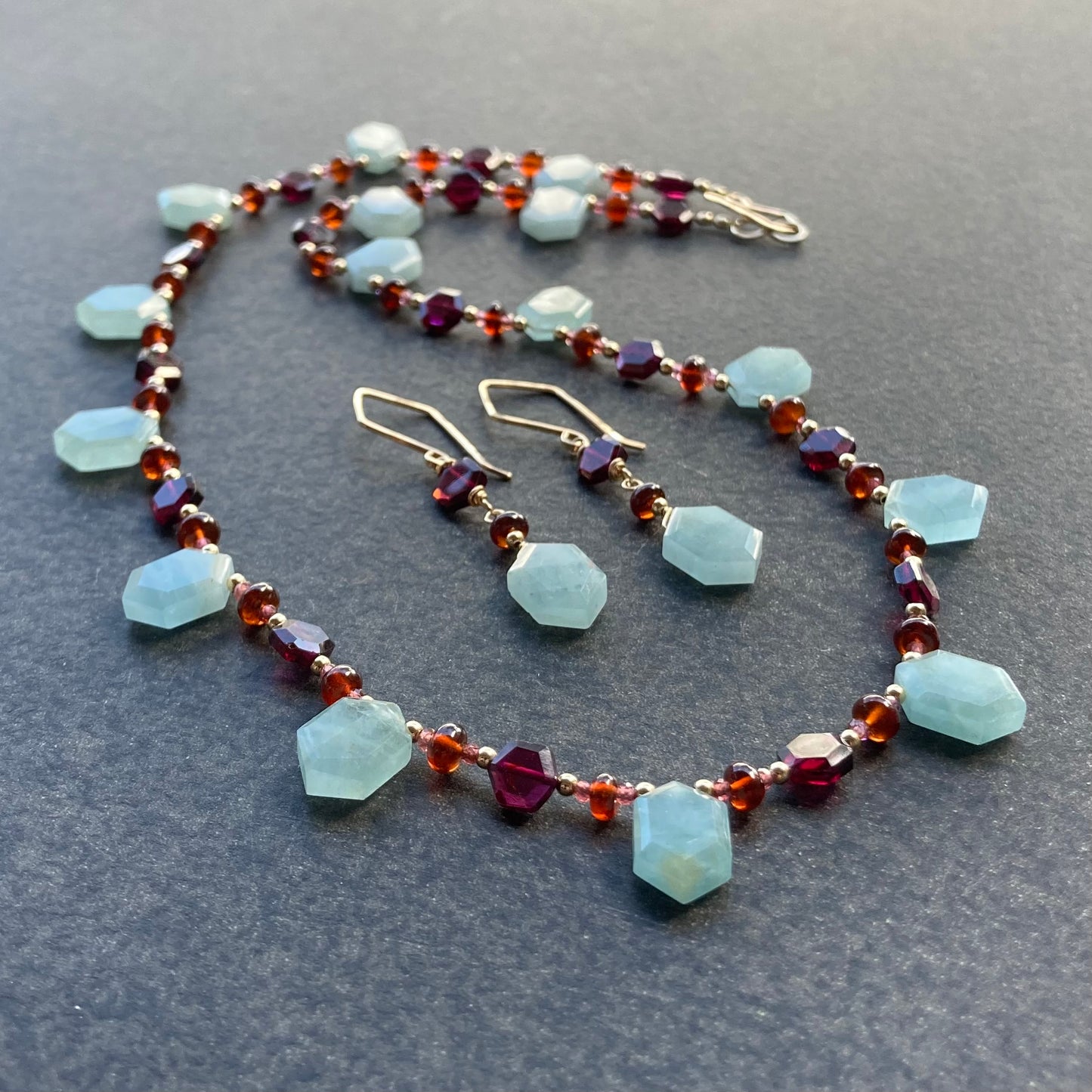 Aquamarine, Rhodolite, Hessonite & 14k Gold Necklace