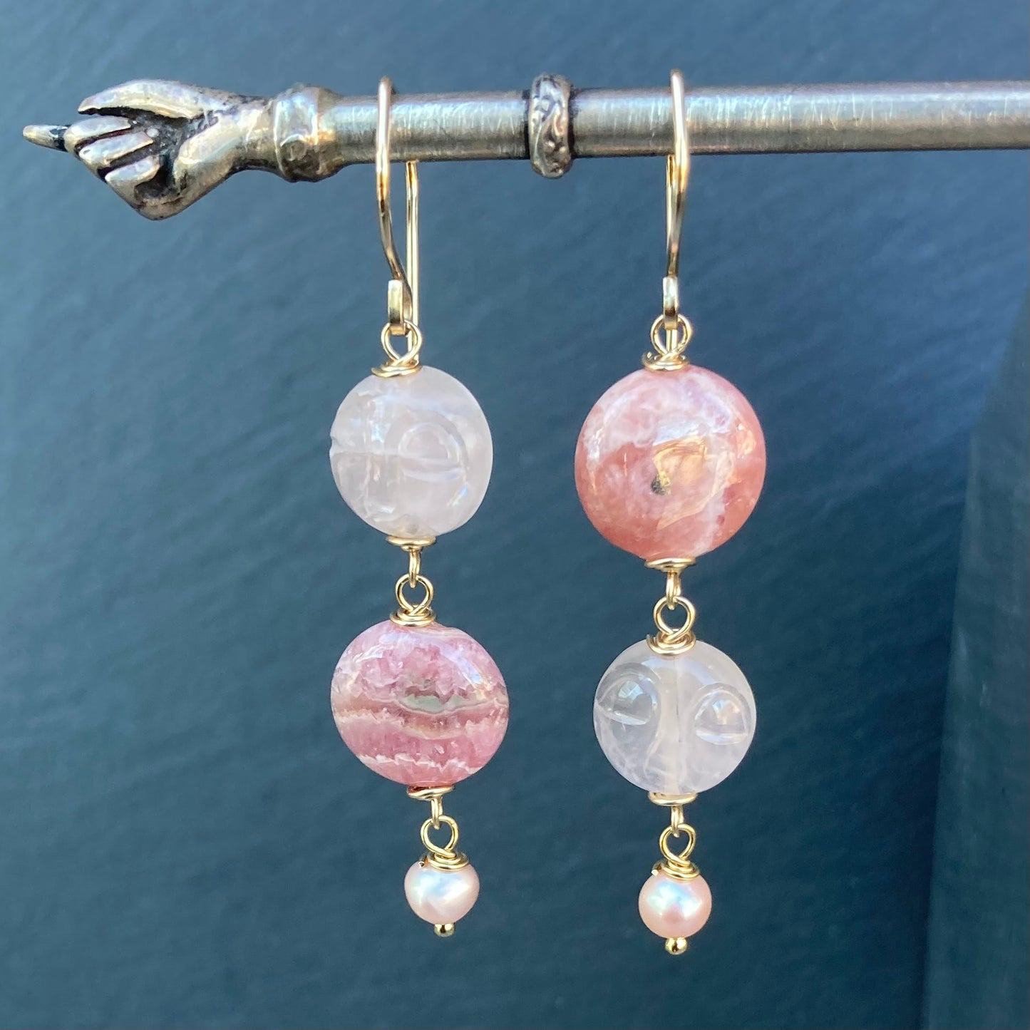 Rhodochrosite, Rose Quartz & Gold Pink Moon Rising Earrings