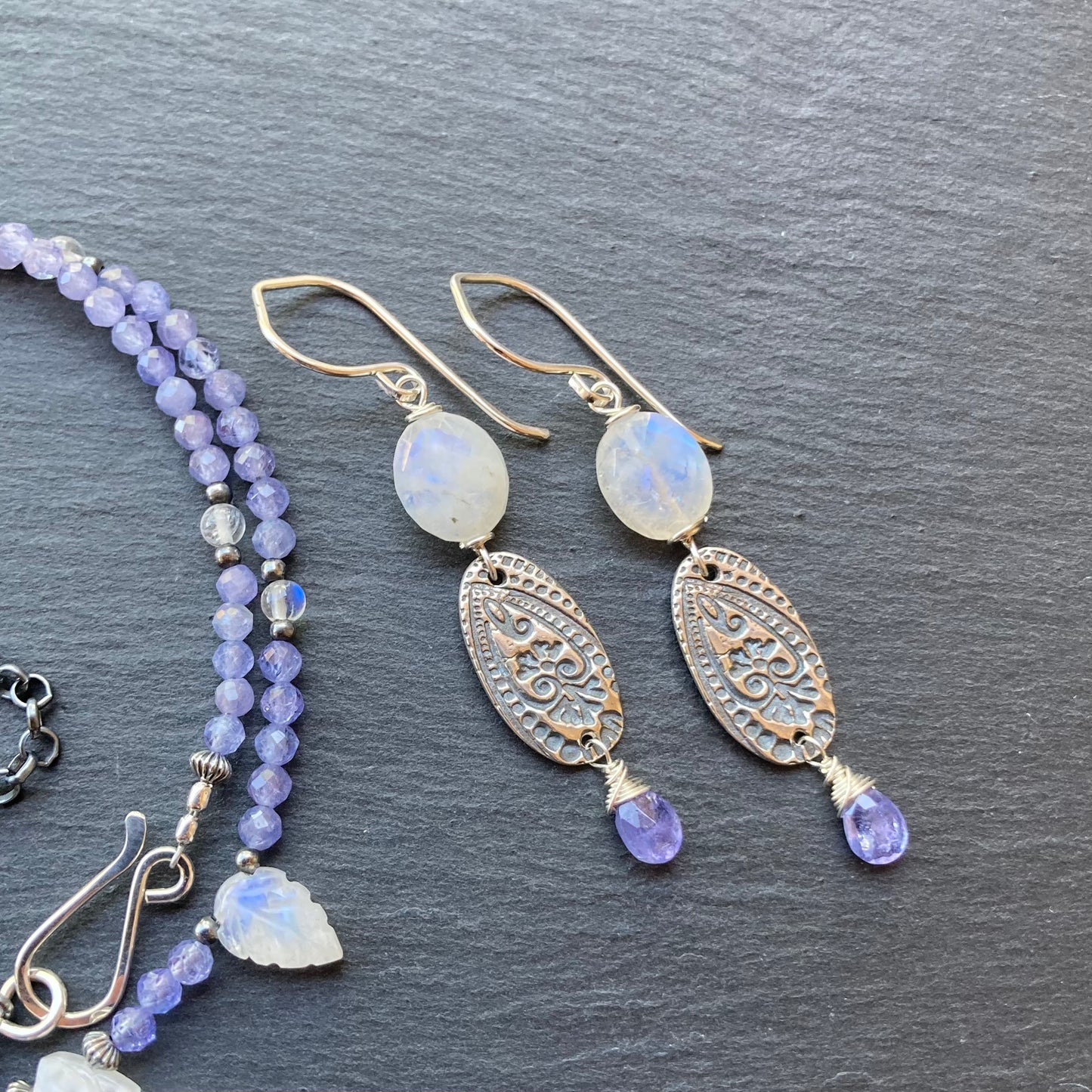 Rainbow Moonstone, Tanzanite & Sterling Silver Earrings
