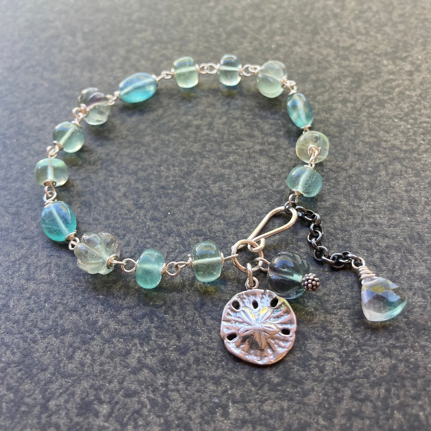 Green Fluorite & Sterling Silver Sand Dollar Charm Bracelet