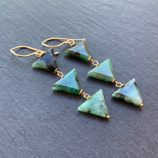 Natural Emerald & Gold Long Drop Earrings
