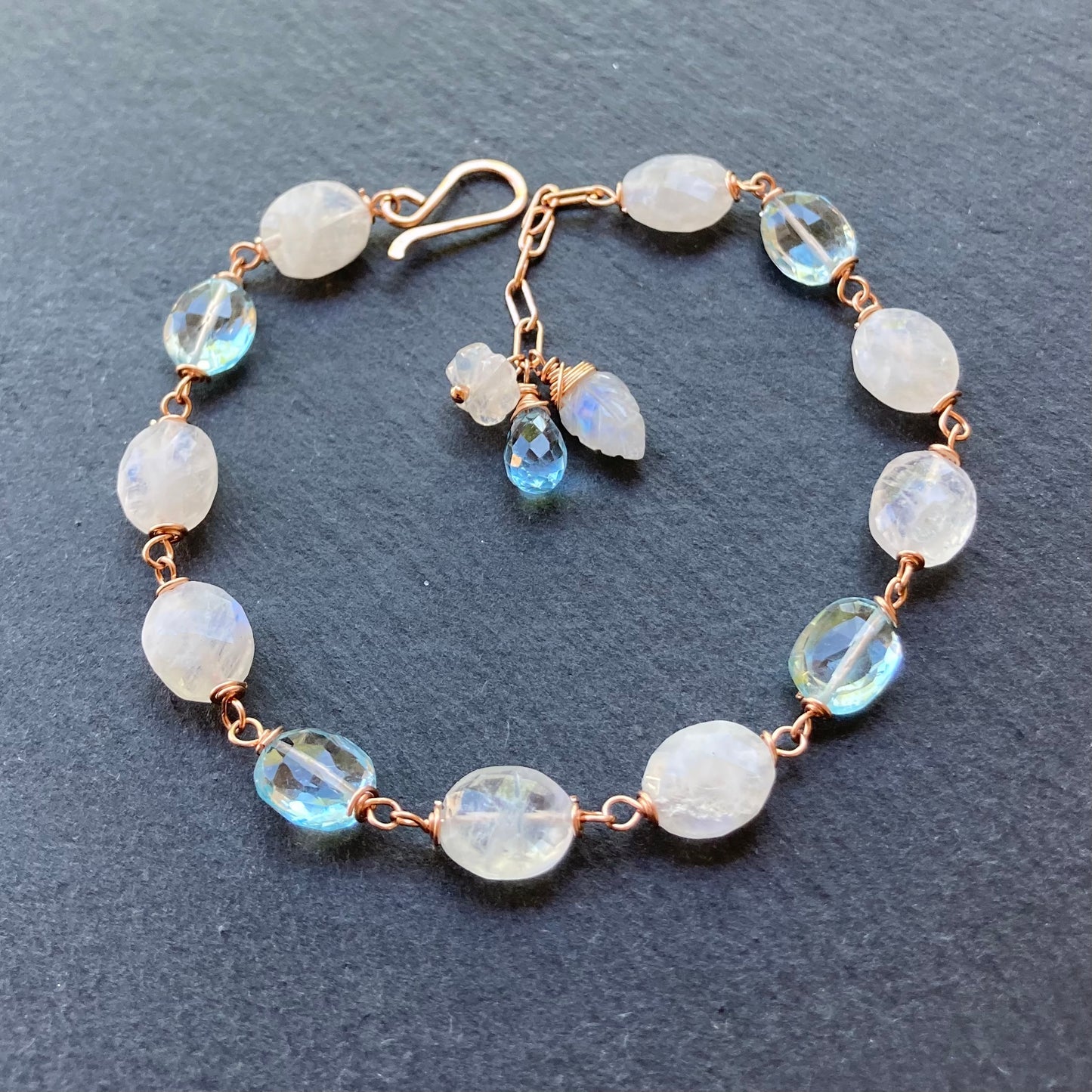 Blue Topaz, Rainbow Moonstone & Rose Gold Bracelet