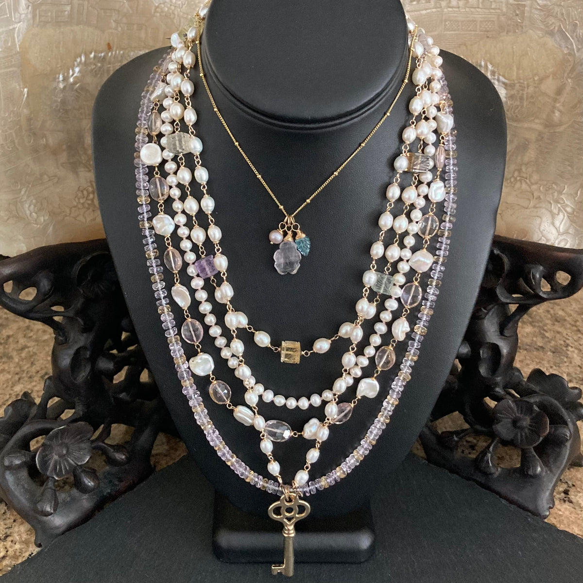 Freshwater Pearl, Gold & Bronze Skeleton Key Convertible Pendant Necklace
