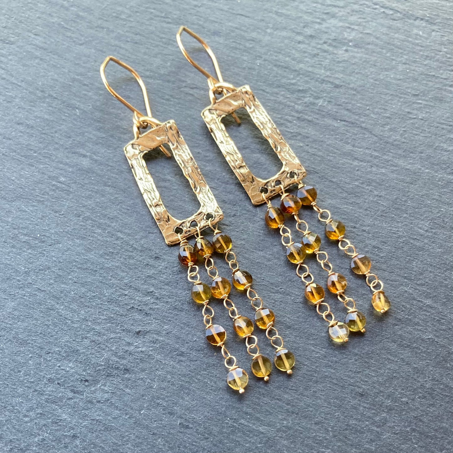 Petro Tourmaline, Gold & Bronze Long Fringe Hoops