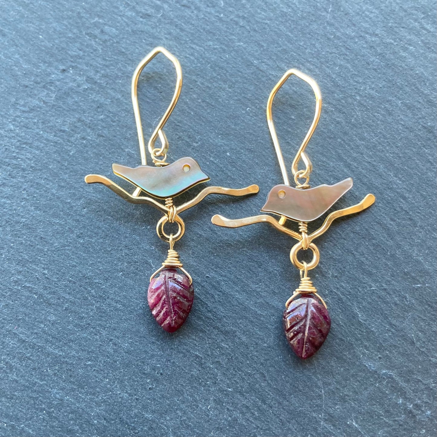 Natural Ruby, Black Mother of Pearl & Gold Plum Branch Earrings