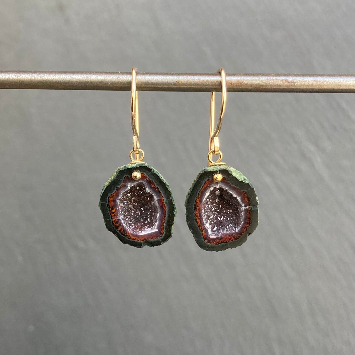 Red Druzy Tabasco Geode & Gold Earrings