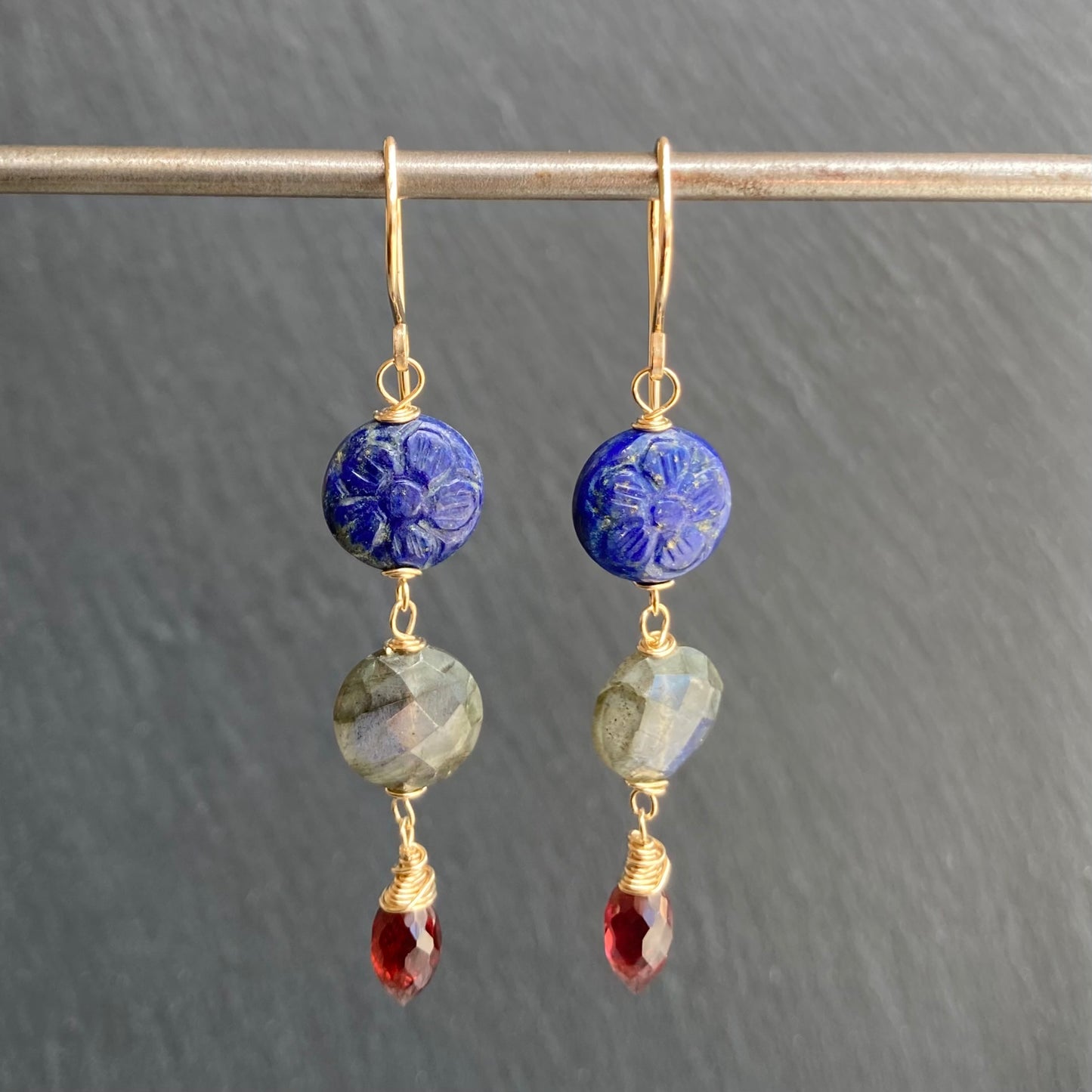 Lapis, Labradorite, Mozambique Garnet & Gold Earrings