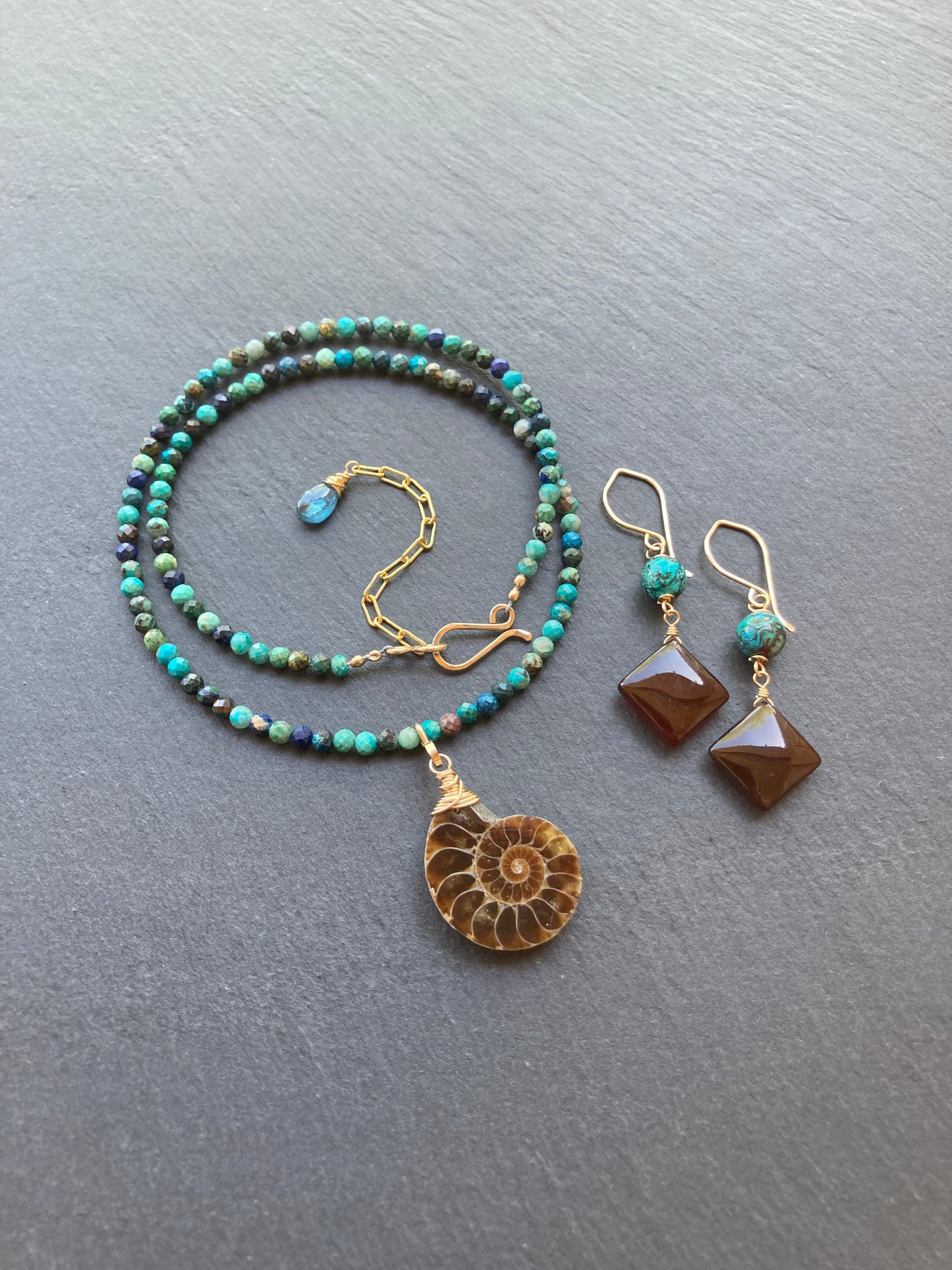 Chrysocolla Azurite & Gold Ammonite Pendant Choker