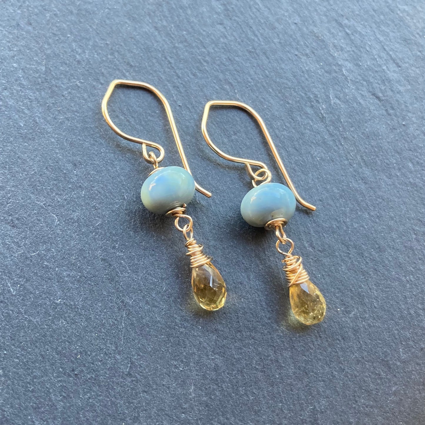 Owyhee Blue Opal, Citrine & Gold Earrings