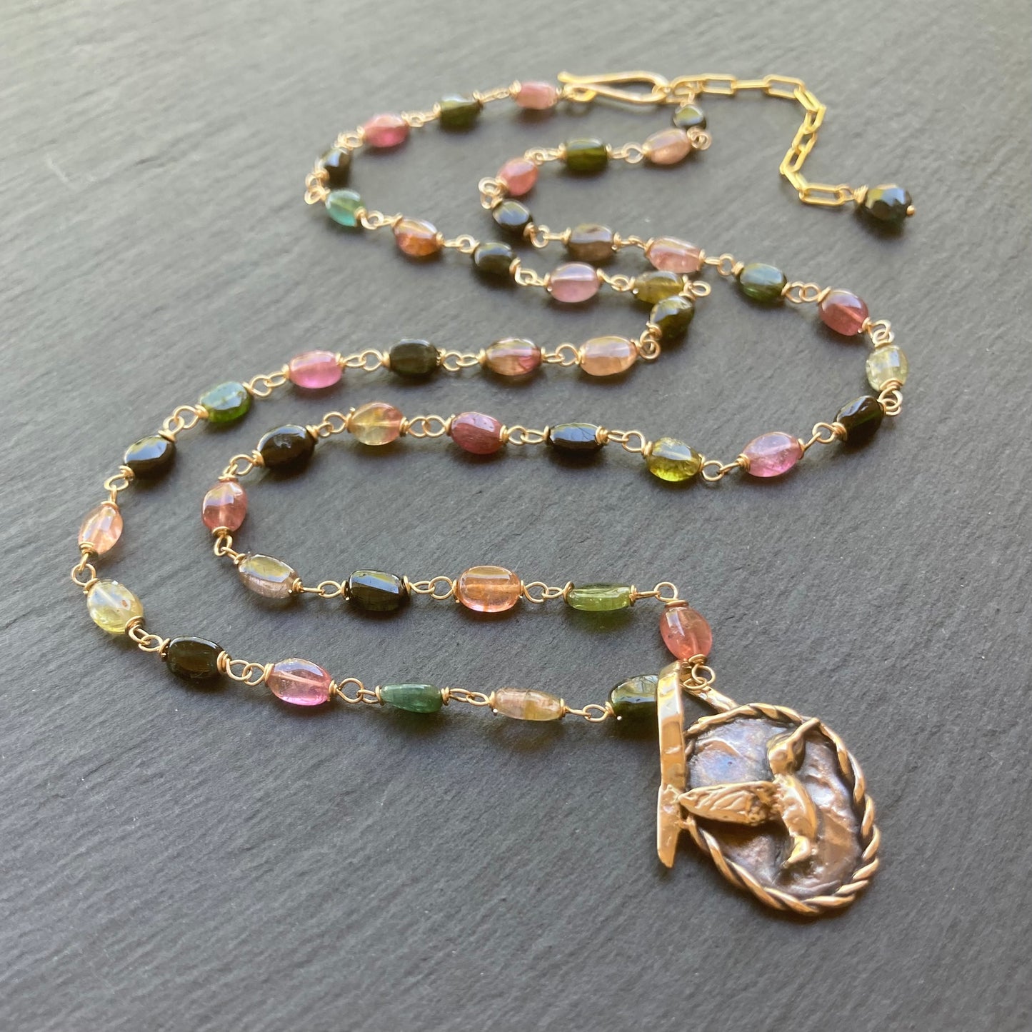 Multicolor Tourmaline, Gold & Bronze Hummingbird Pendant Necklace
