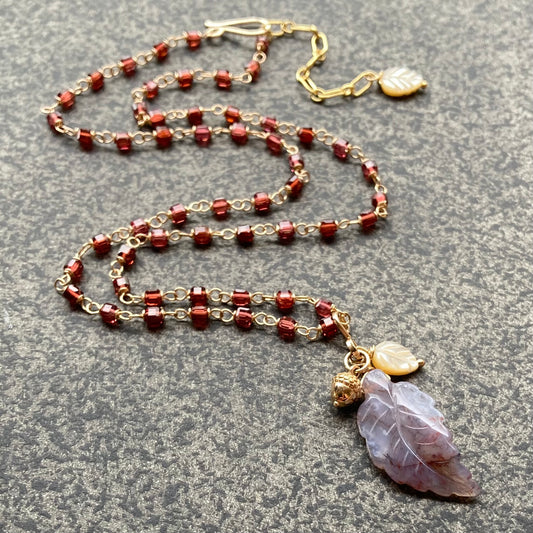 Malaya Garnet, Gold & Indian Agate Autumn Leaf Pendant Necklace