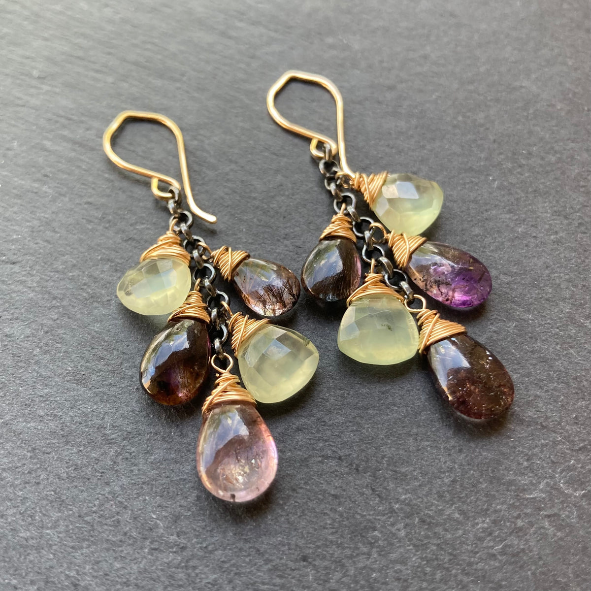Moss Amethyst, Prehnite & Mixed Metal Earrings