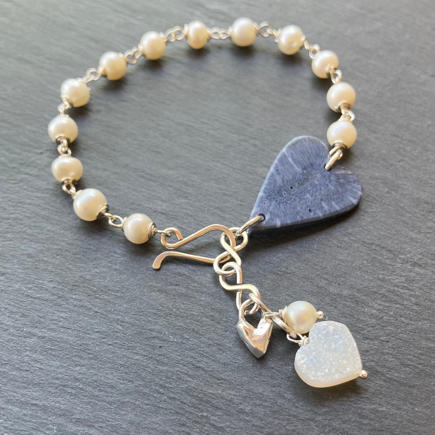 Freshwater Pearl, Sterling Silver & Blue Coral Heart Charm Bracelet