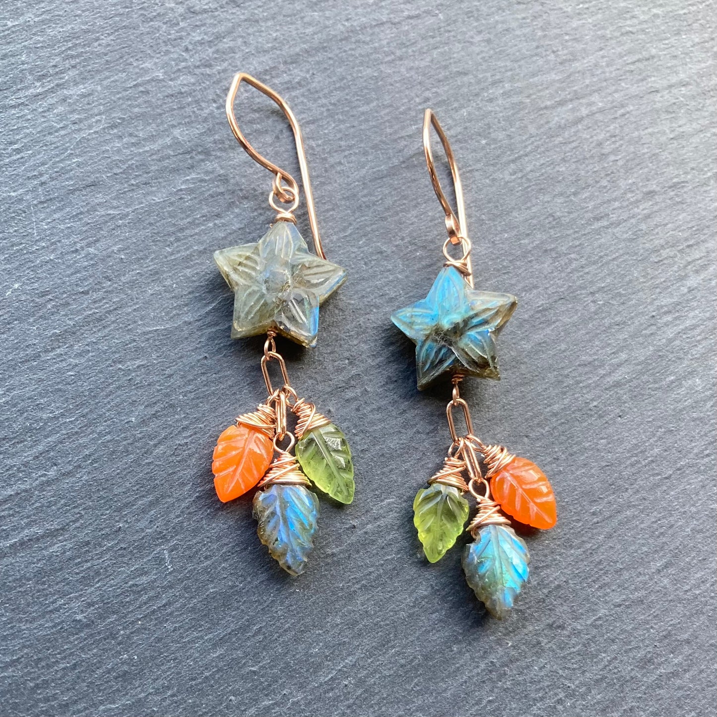 Labradorite & Rose Gold Star Flower Earrings