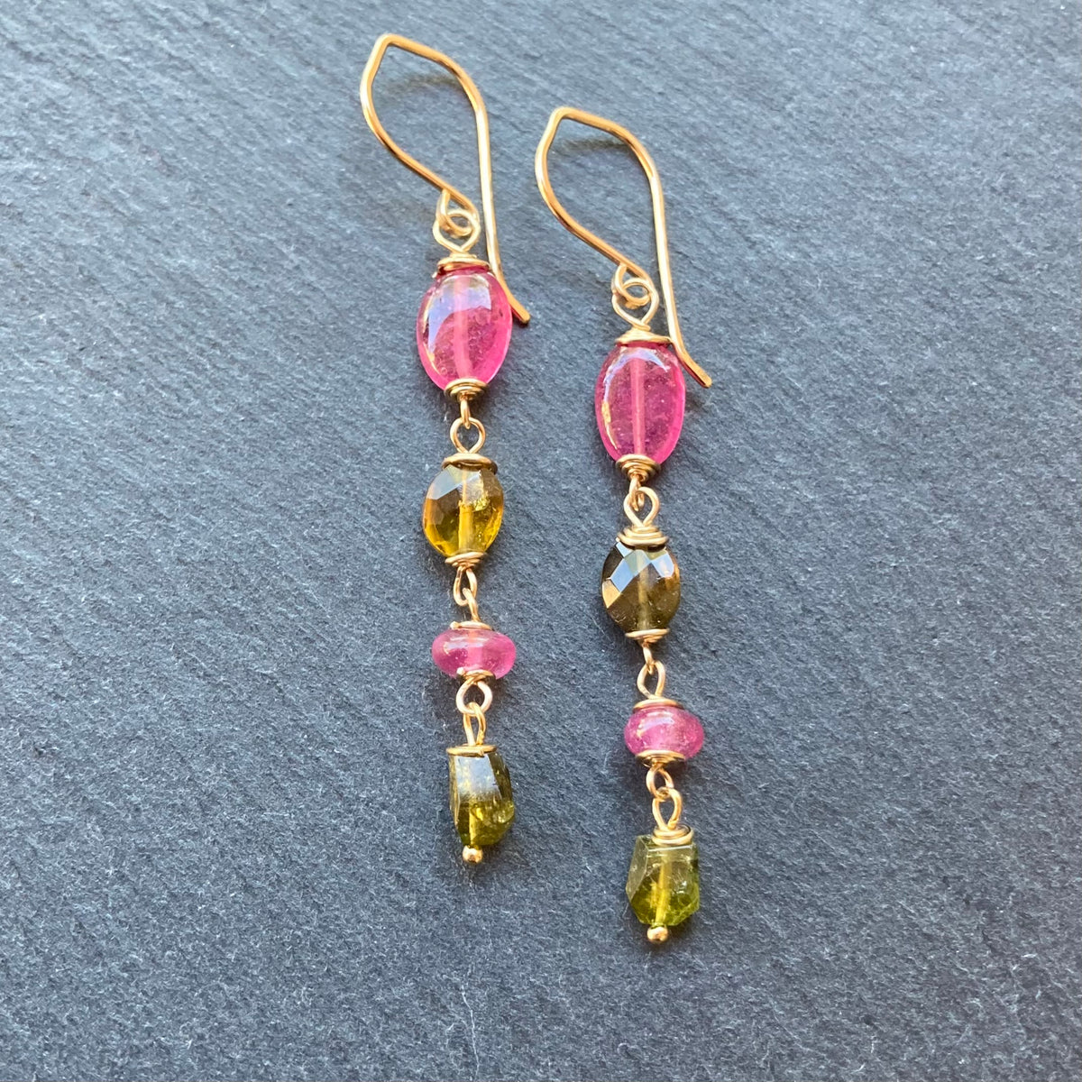 Pink Sapphire, Petro Tourmaline & Gold Earrings