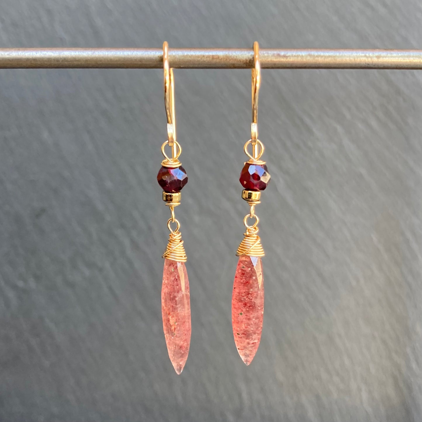 Strawberry Quartz, Rhodolite Garnet & Gold Earrings